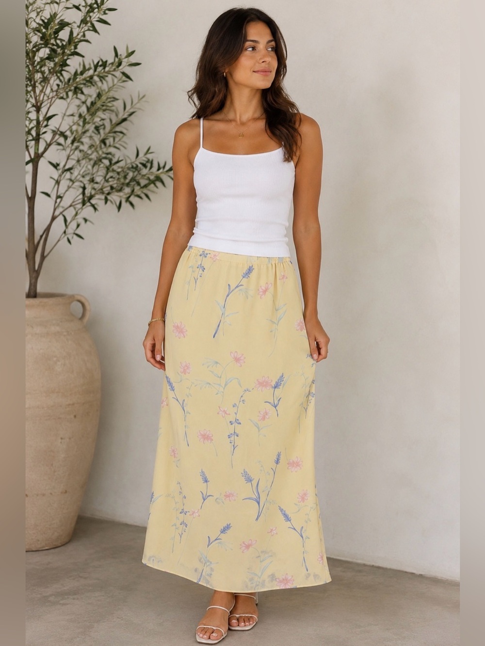 Vintage Style Studio Soft Yellow Floral Maxi Skirt with Gentle Floral Print